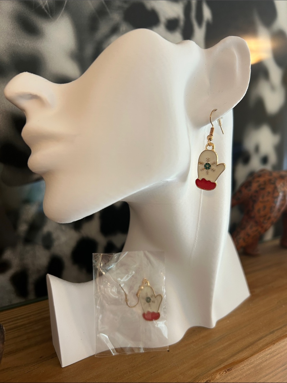 $12 or Bundle 3/$30!! Gold-Tone White Mitten Dangle Earrings with red&green - Picture 1 of 5